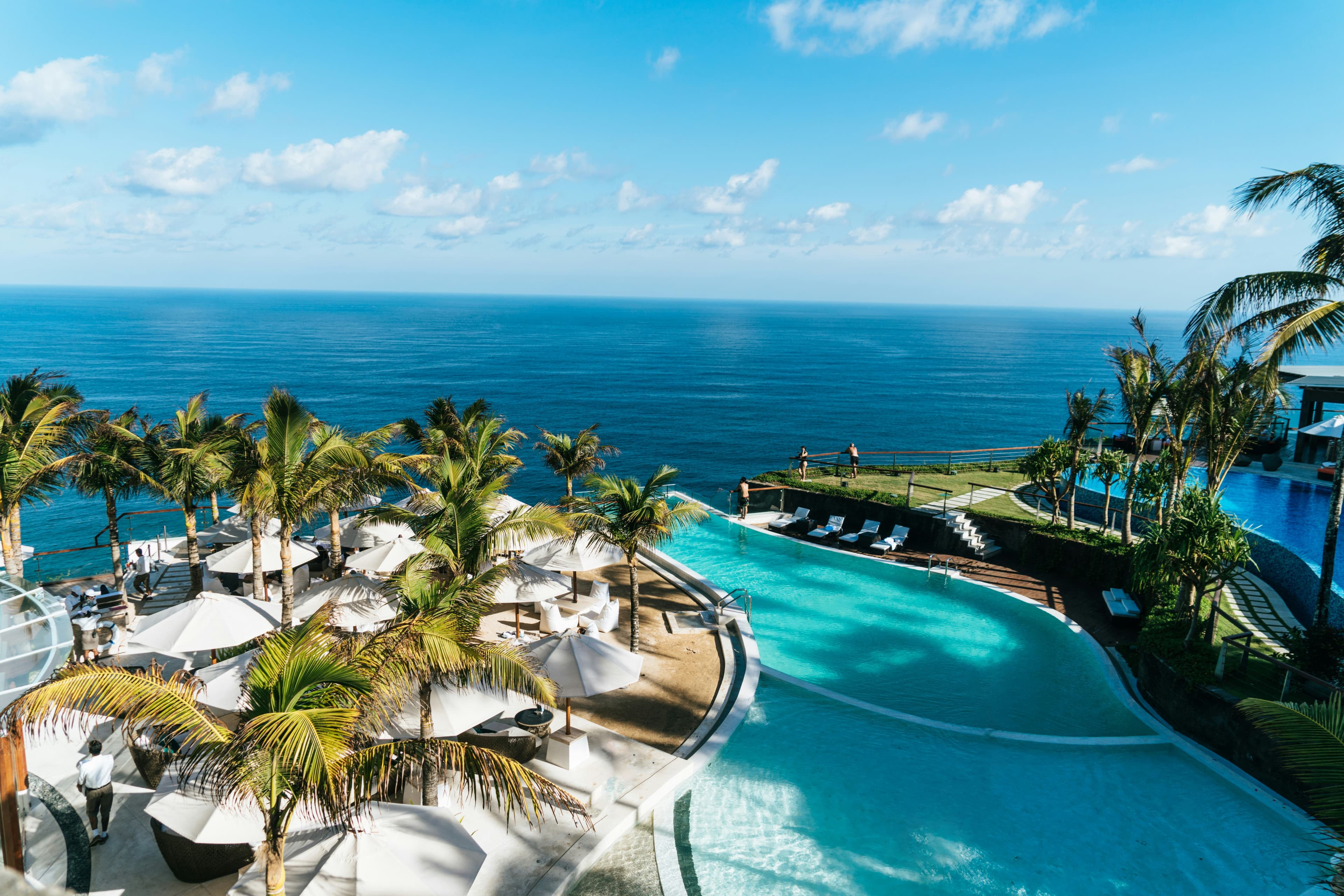 Resort pool framed by palms